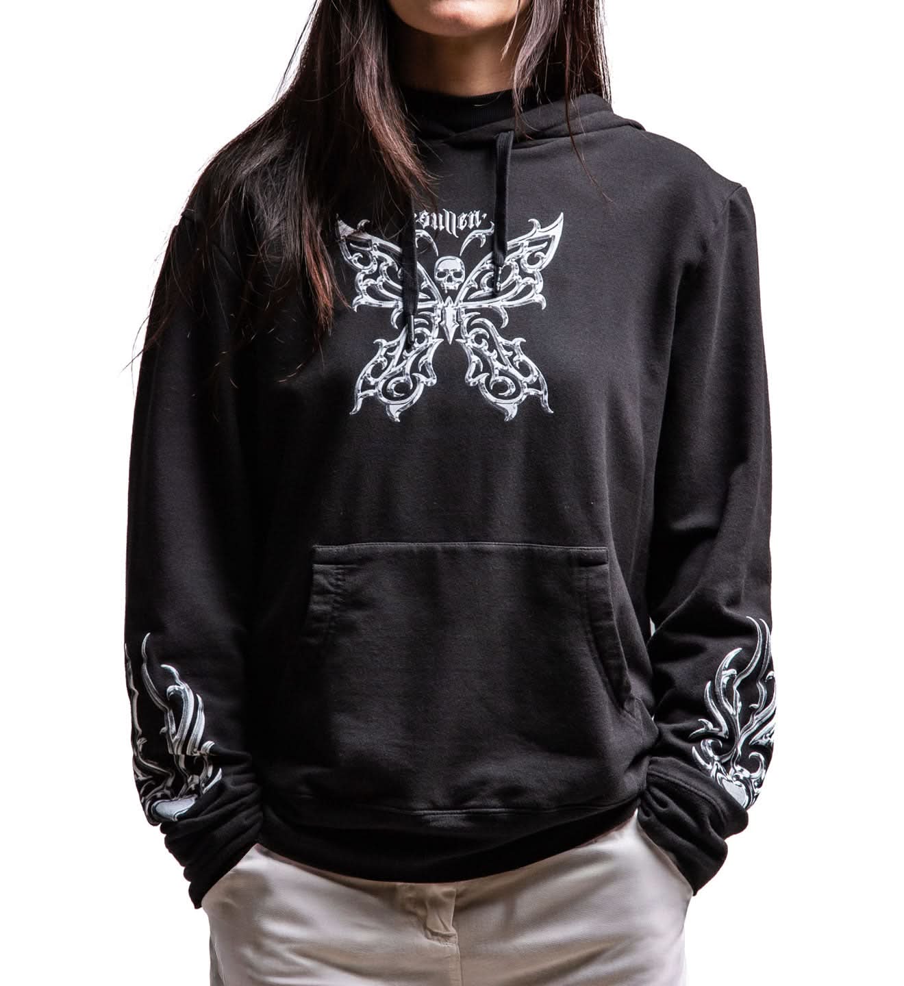 Black hoodie with white butterfly design on a plain background