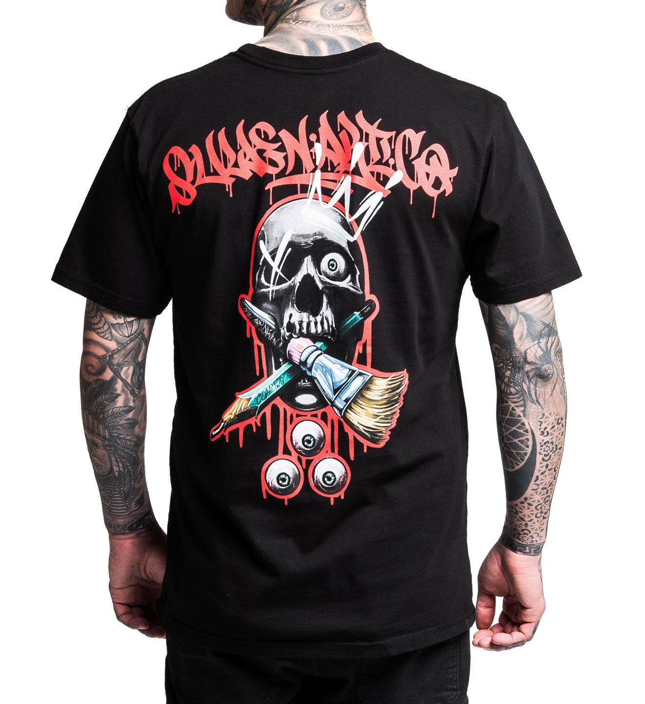 Black t-shirt with a graphic design featuring a skull, paintbrush, and text on the back.