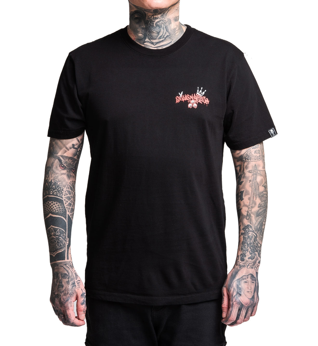 Person wearing a black t-shirt with a logo on a white background