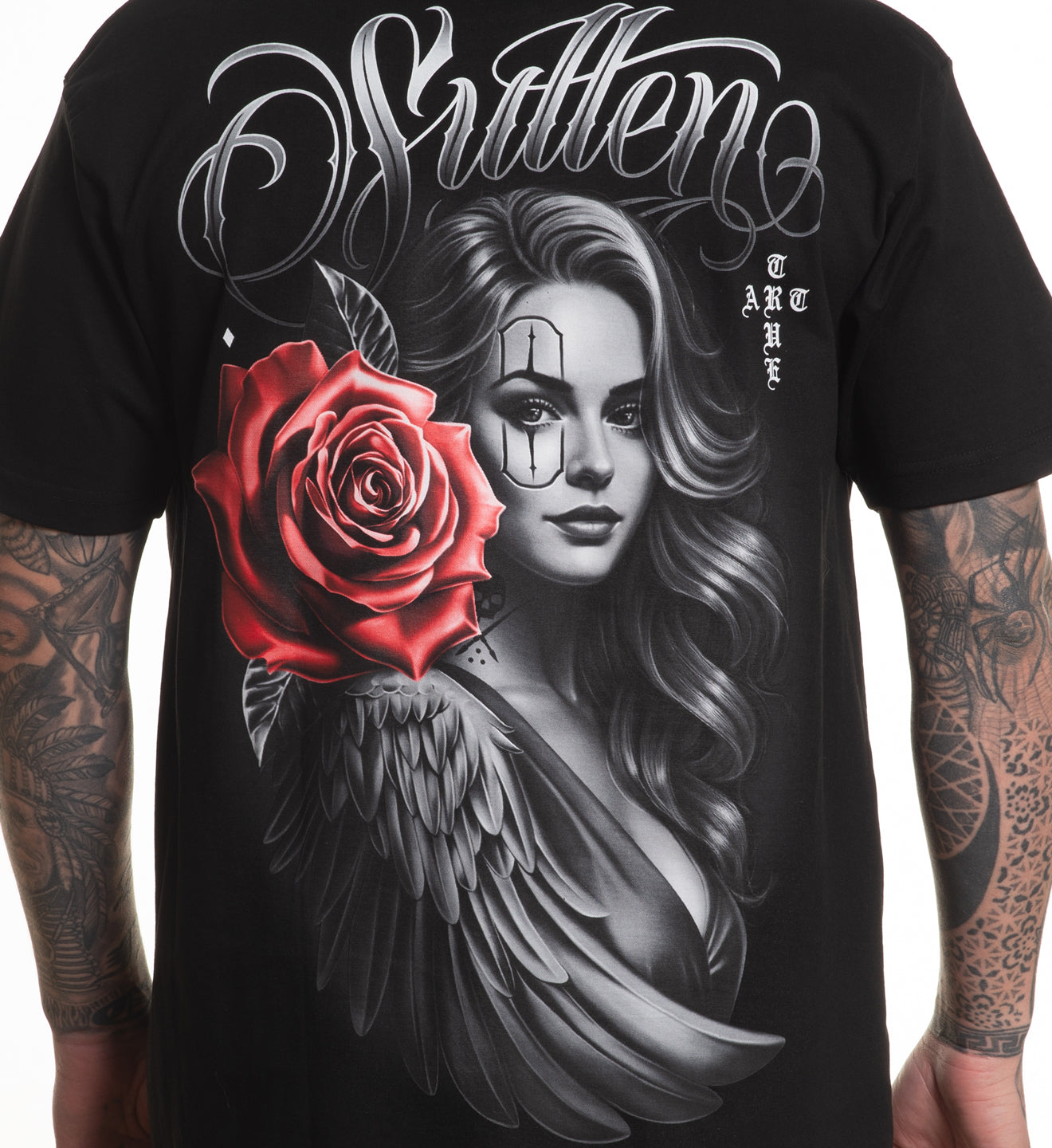 Black t-shirt with a graphic design of a woman with a red rose and the brand 'Suff' on the back.
