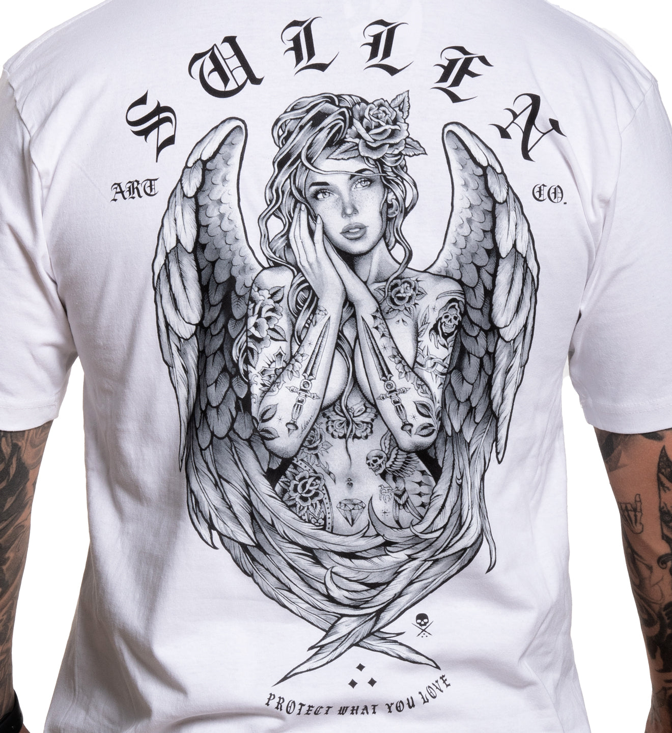 White t-shirt with black angel design and 'Sullen' branding on a white background