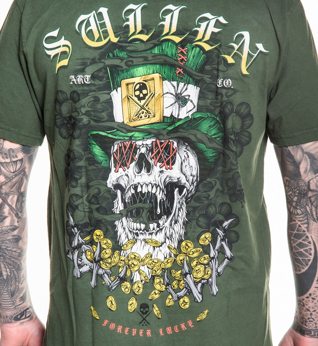 Green t-shirt with a skull and crossbones design featuring gold coins and a green hat on a white background.