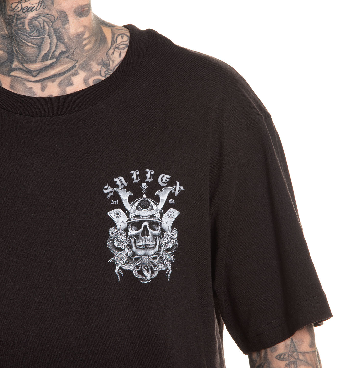 Black t-shirt with a white graphic design on a white background