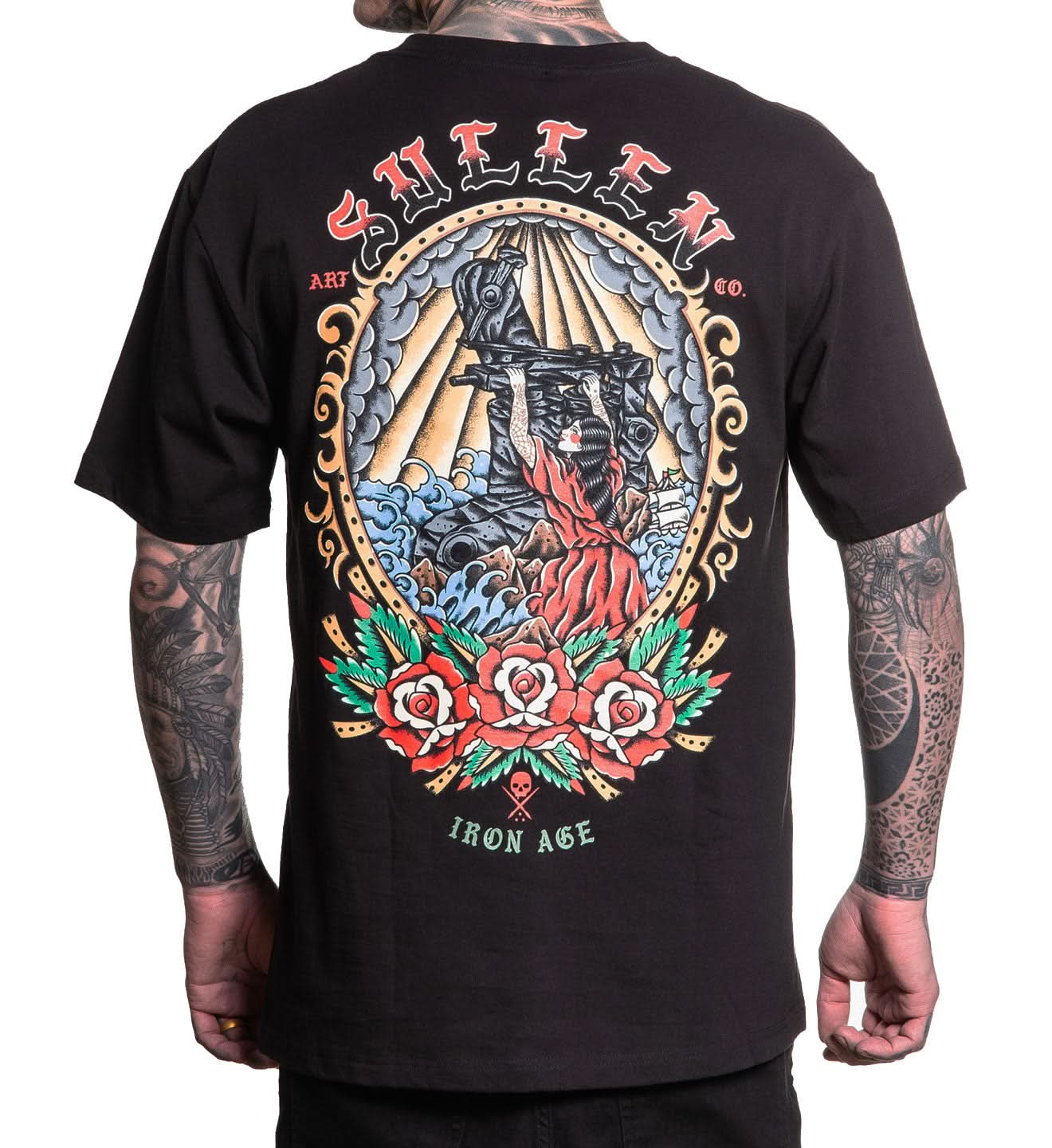 Black t-shirt with a colorful graphic design on the back, worn by a person.