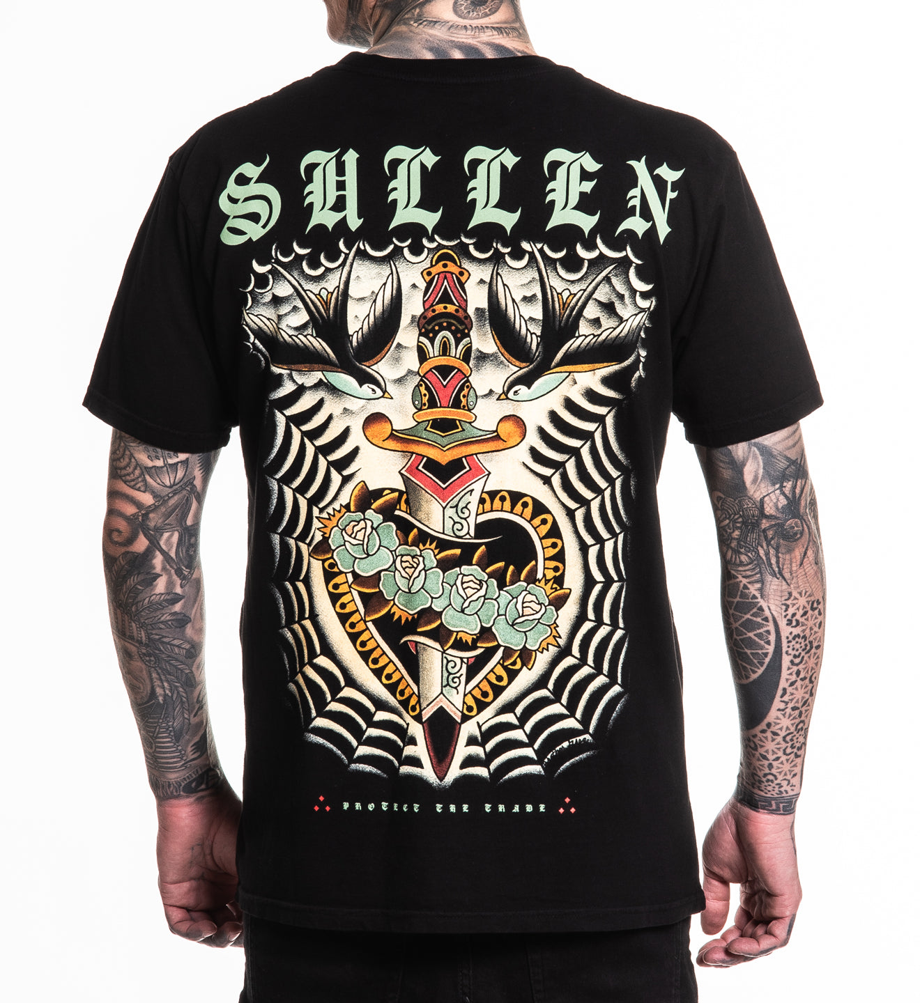 Black t-shirt with intricate design and 'Sullen' branding on a white background