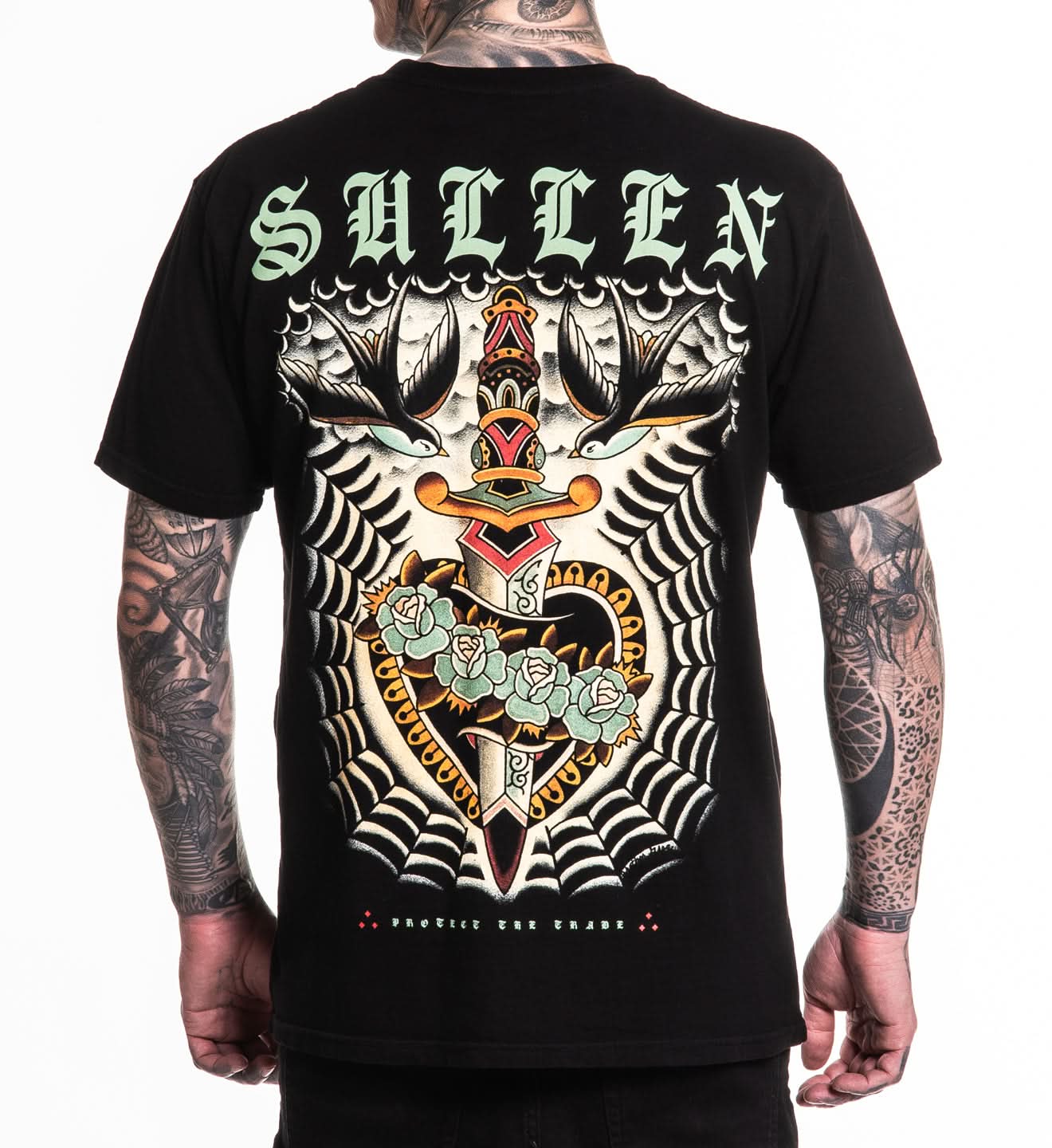 Black t-shirt with intricate design and 'Sullen' branding on a white background