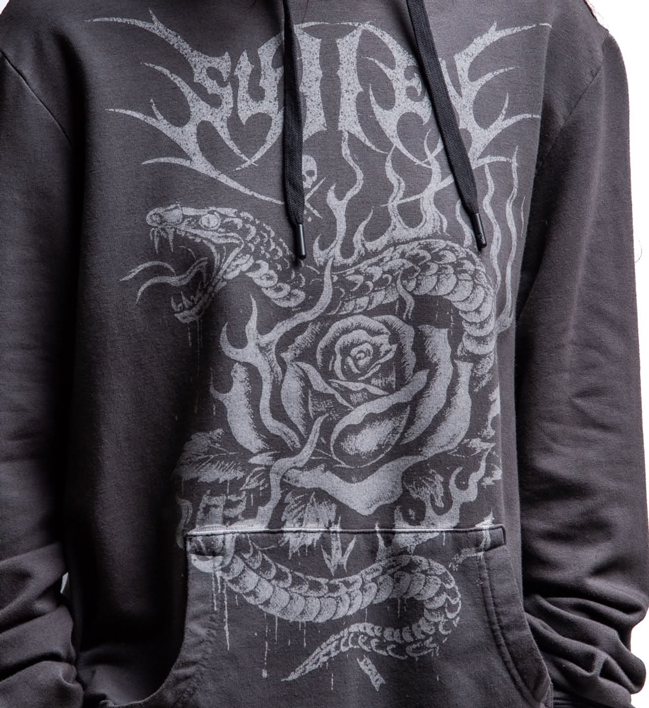 Black hoodie with snake and rose design on a white background