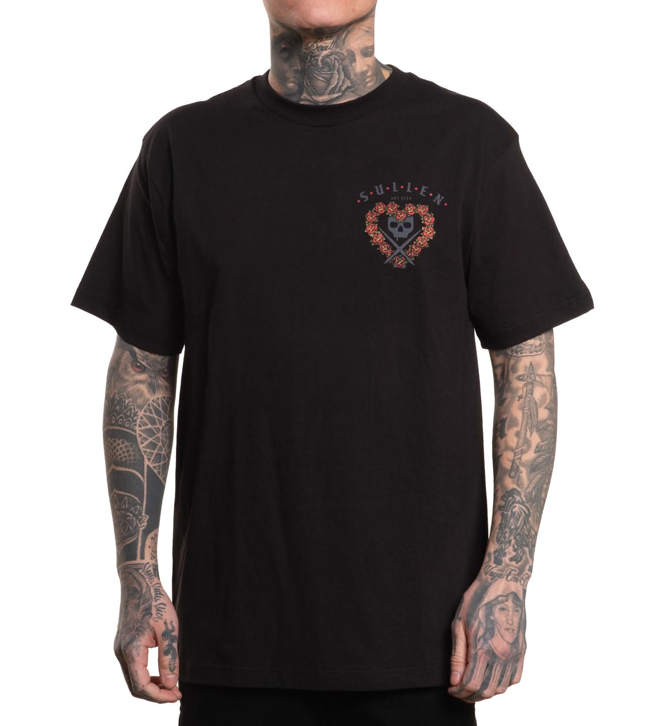 Black t-shirt with a heart-shaped logo on a white background