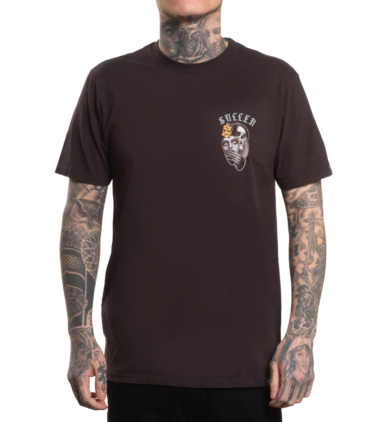 Person wearing a black t-shirt with a logo on a white background