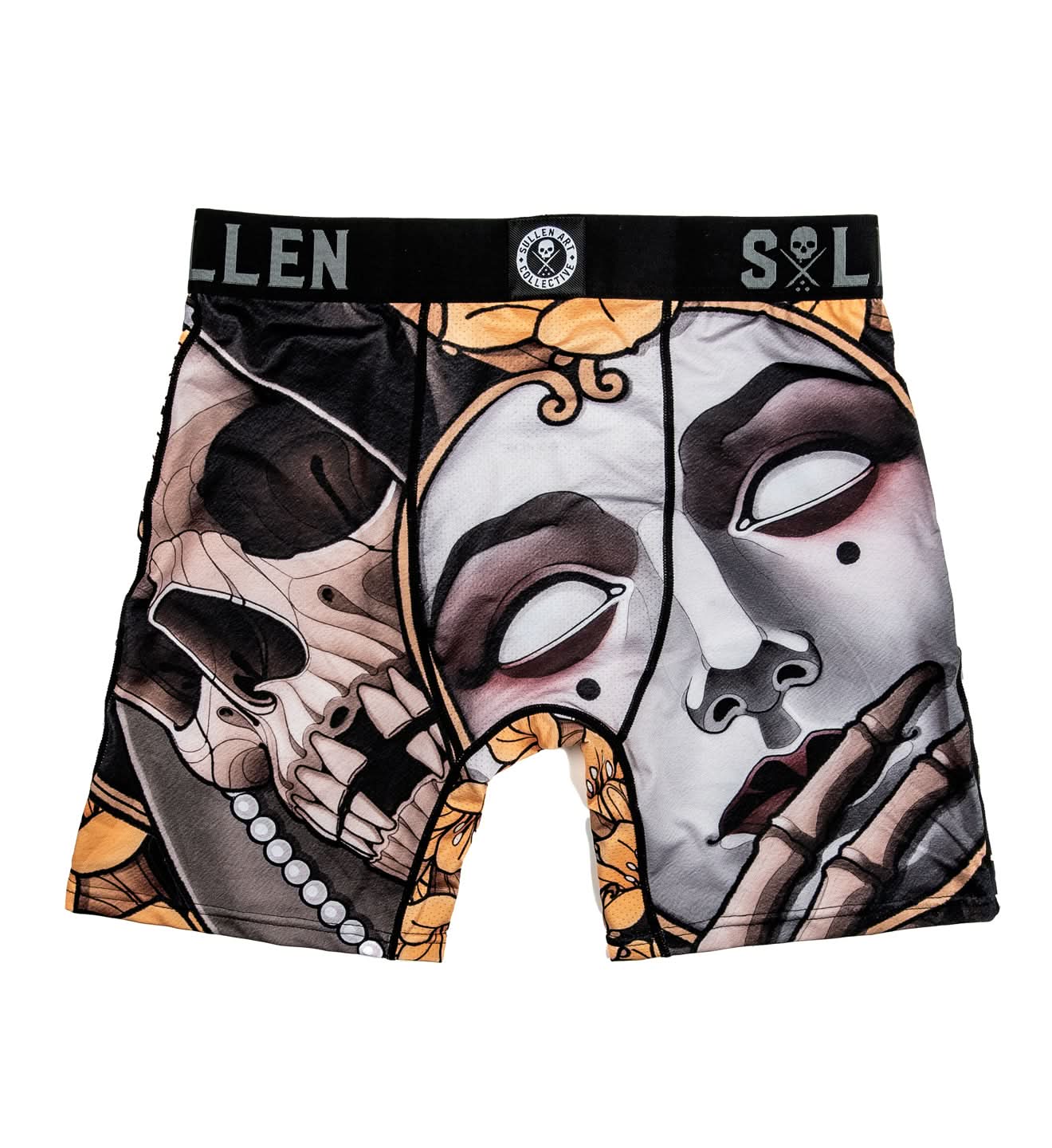Boxer briefs with artistic face design and Allen brand label on a white background