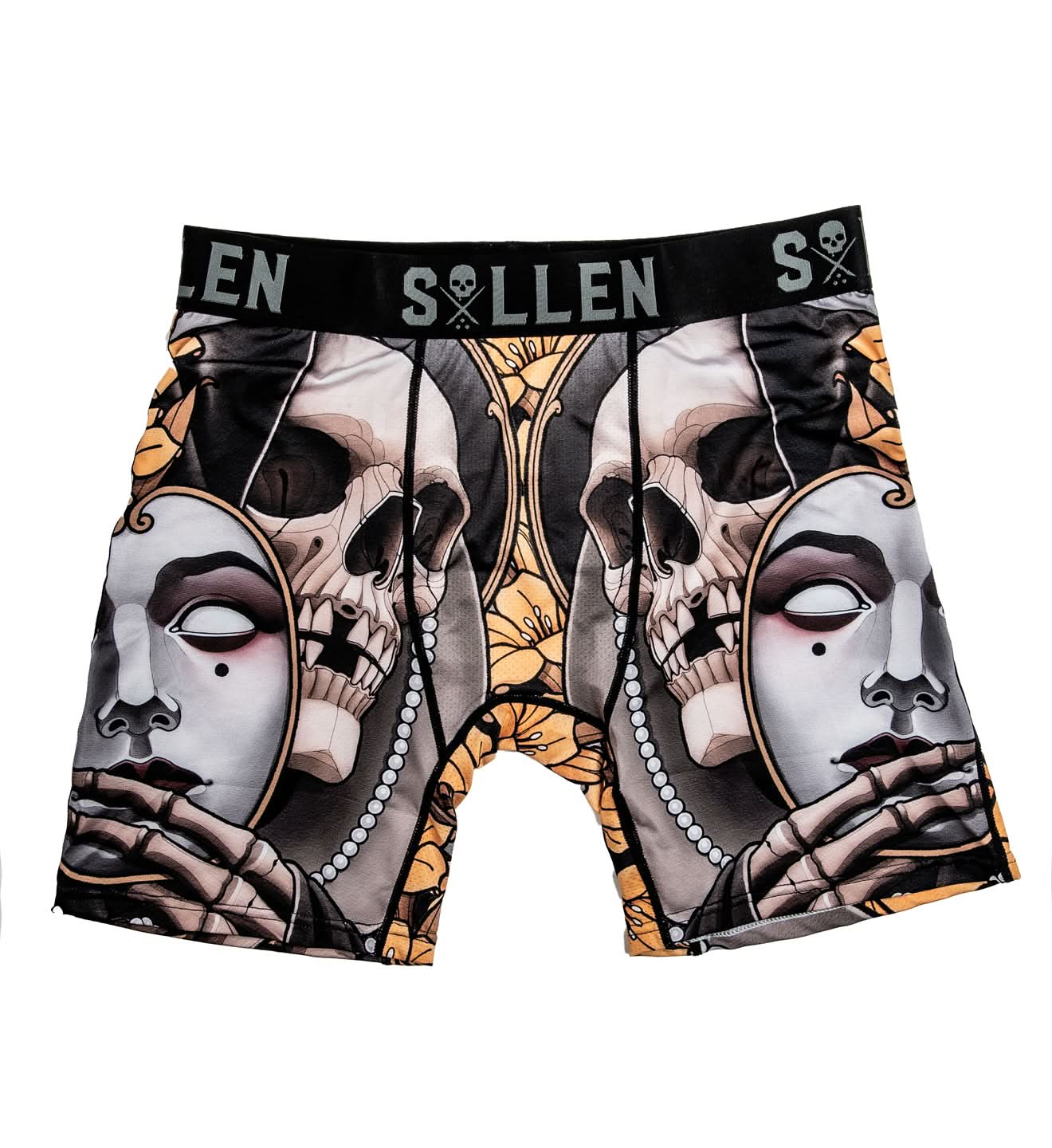 Skull-themed shorts with a brand logo on a white background