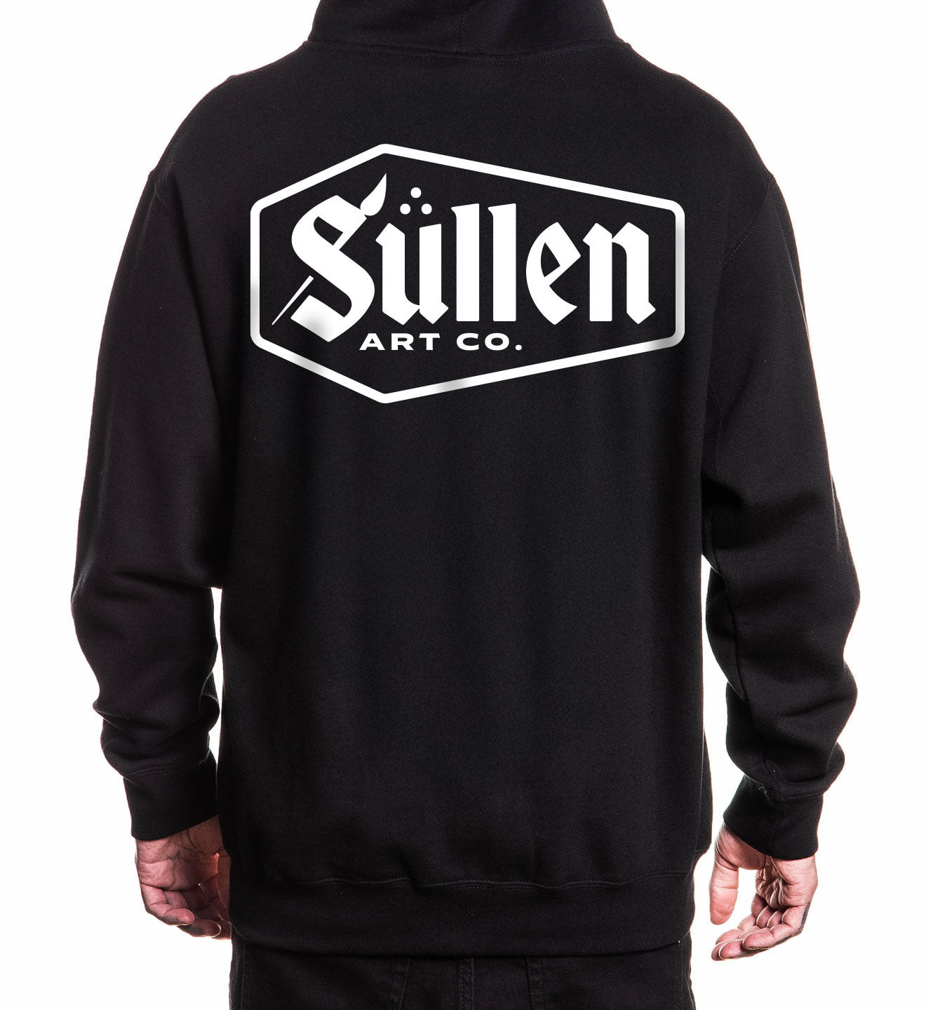 Black hoodie with 'Sullen Art Co.' logo on the back against a white background
