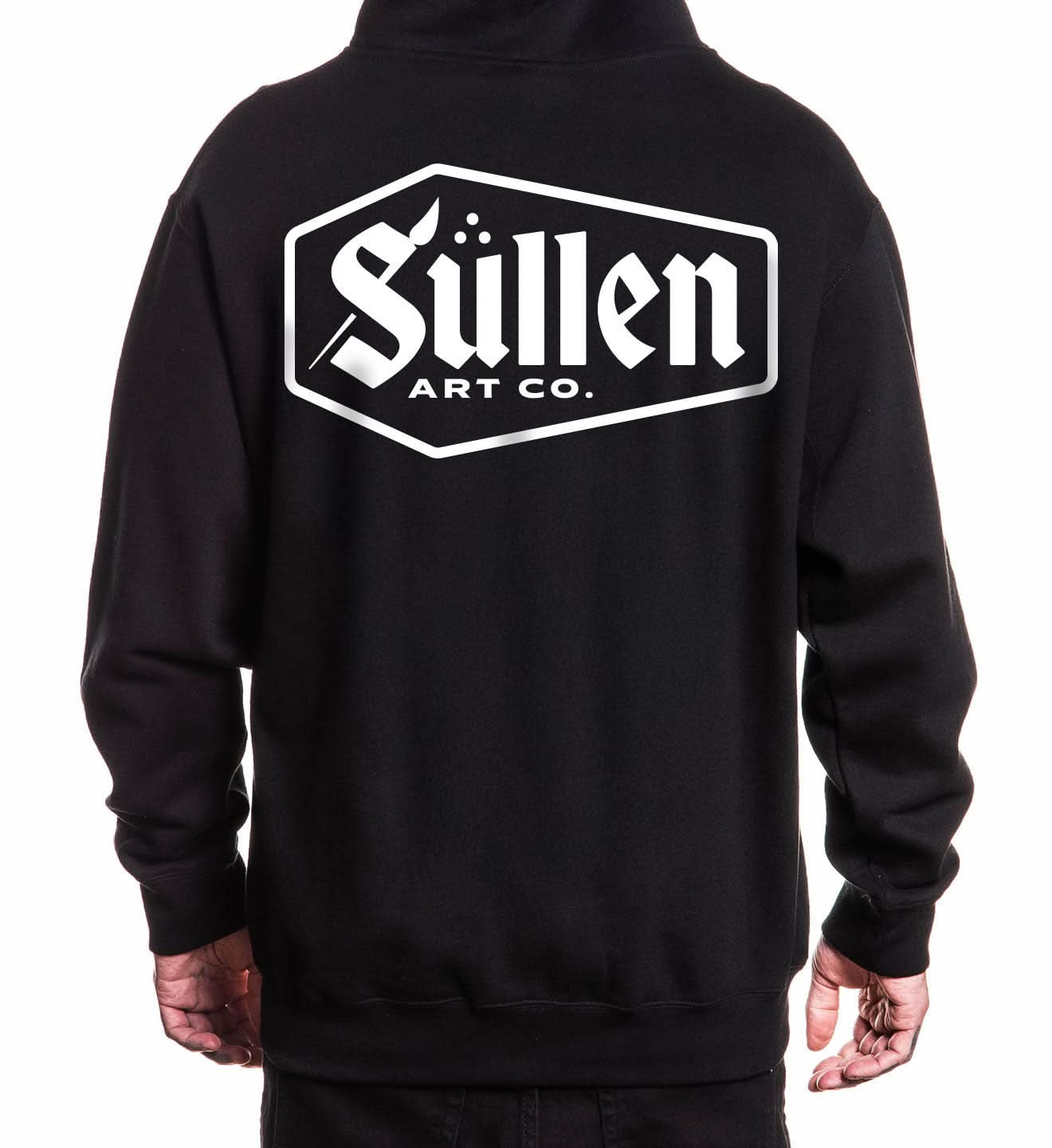 Black hoodie with 'Sullen Art Co.' logo on the back against a white background