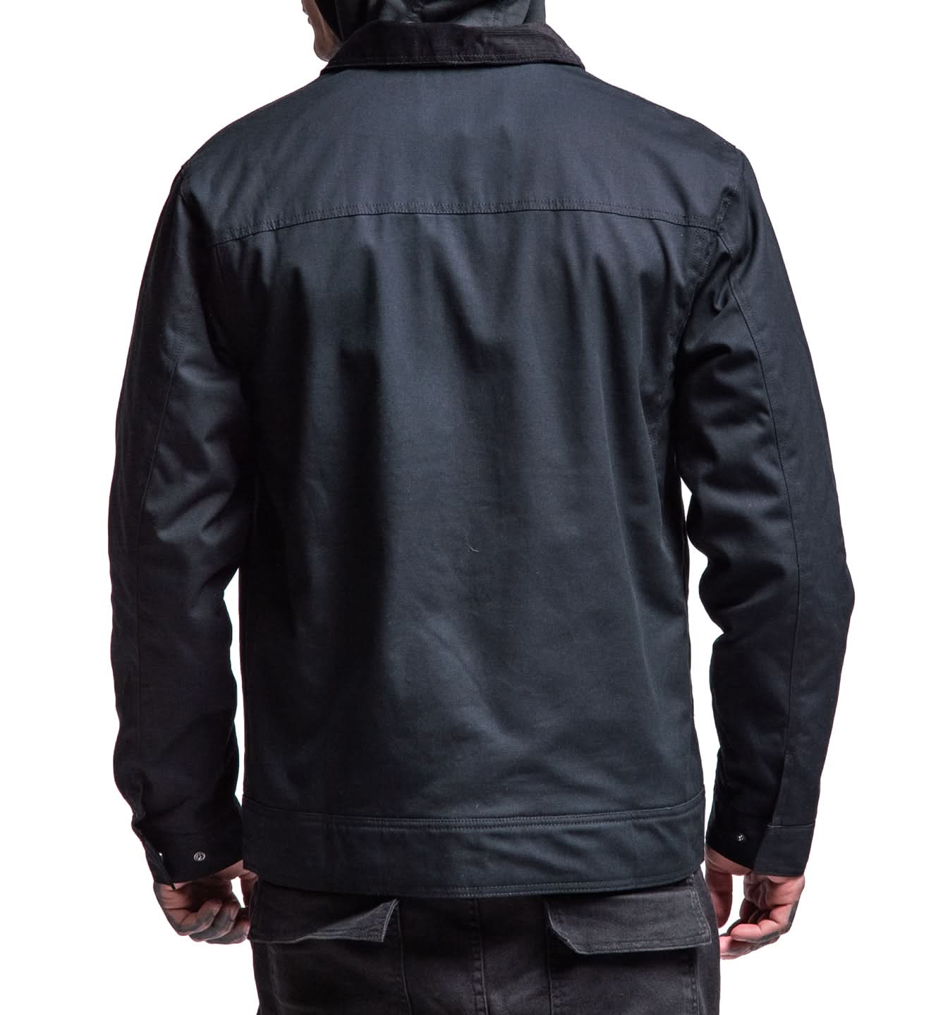Dark jacket worn by a person on a white background