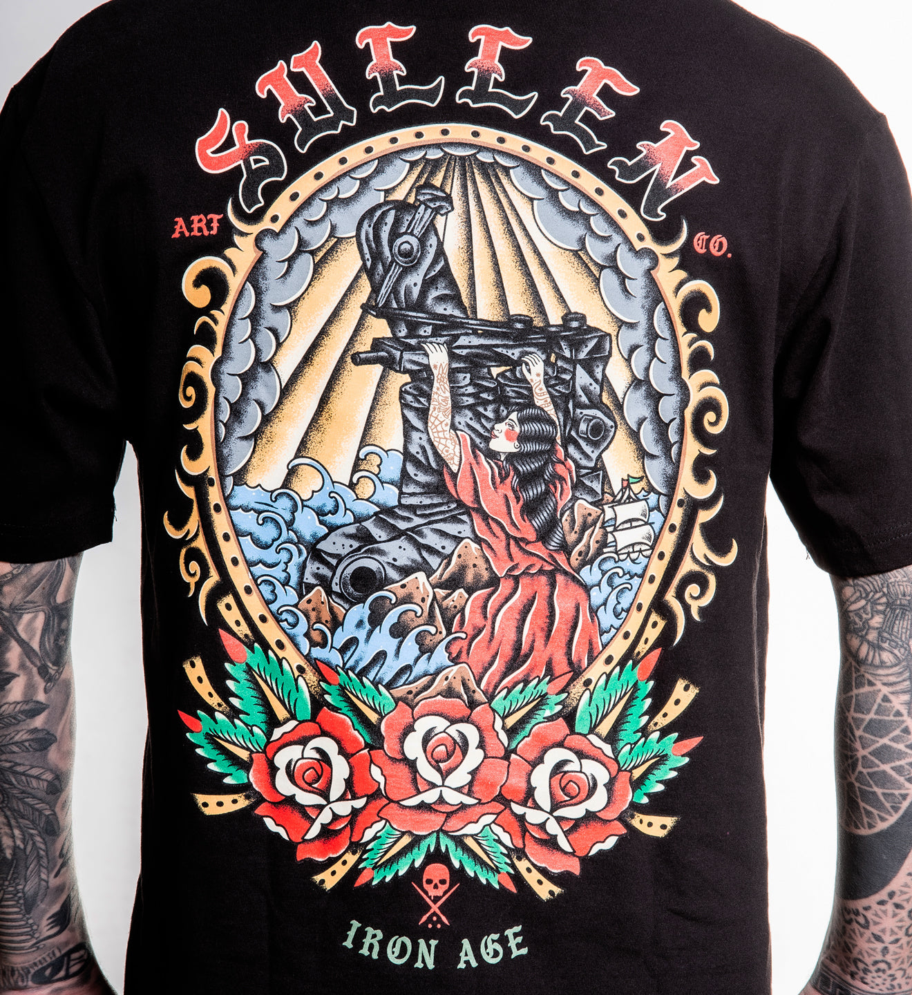 Black t-shirt with intricate design featuring a woman, roses, and text on a white background