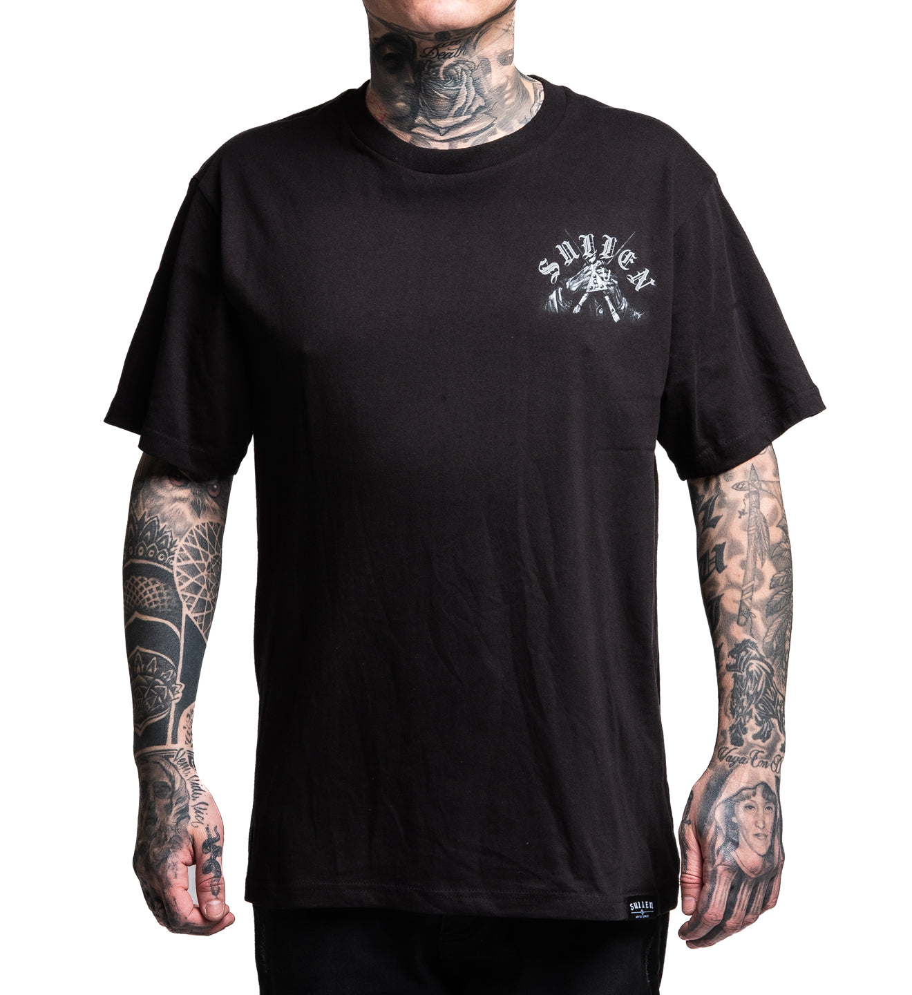 Person wearing a black t-shirt with a logo on a white background