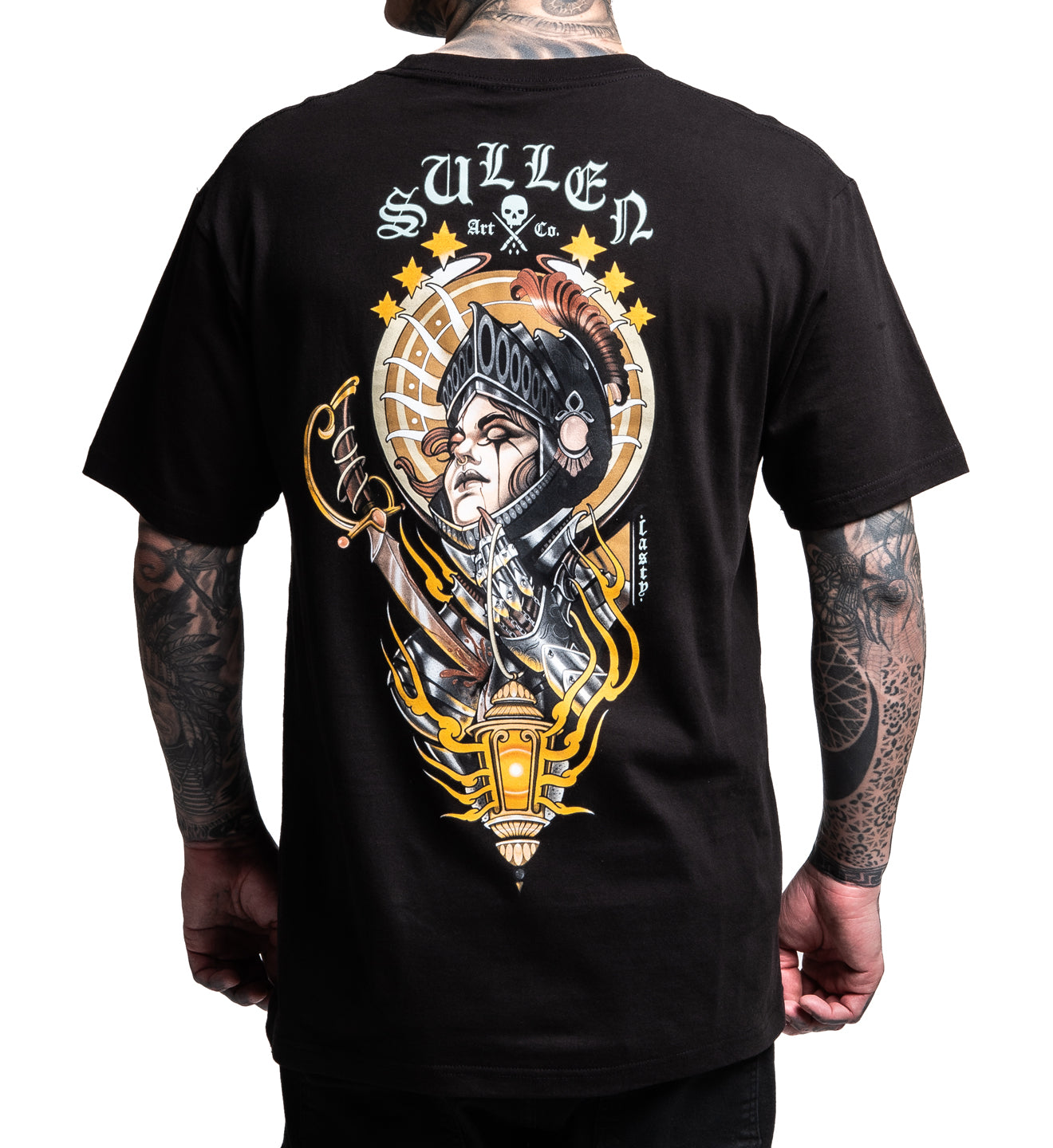 Black t-shirt with a detailed graphic design on the back, featuring a warrior-like figure and the brand 'Sullen'.