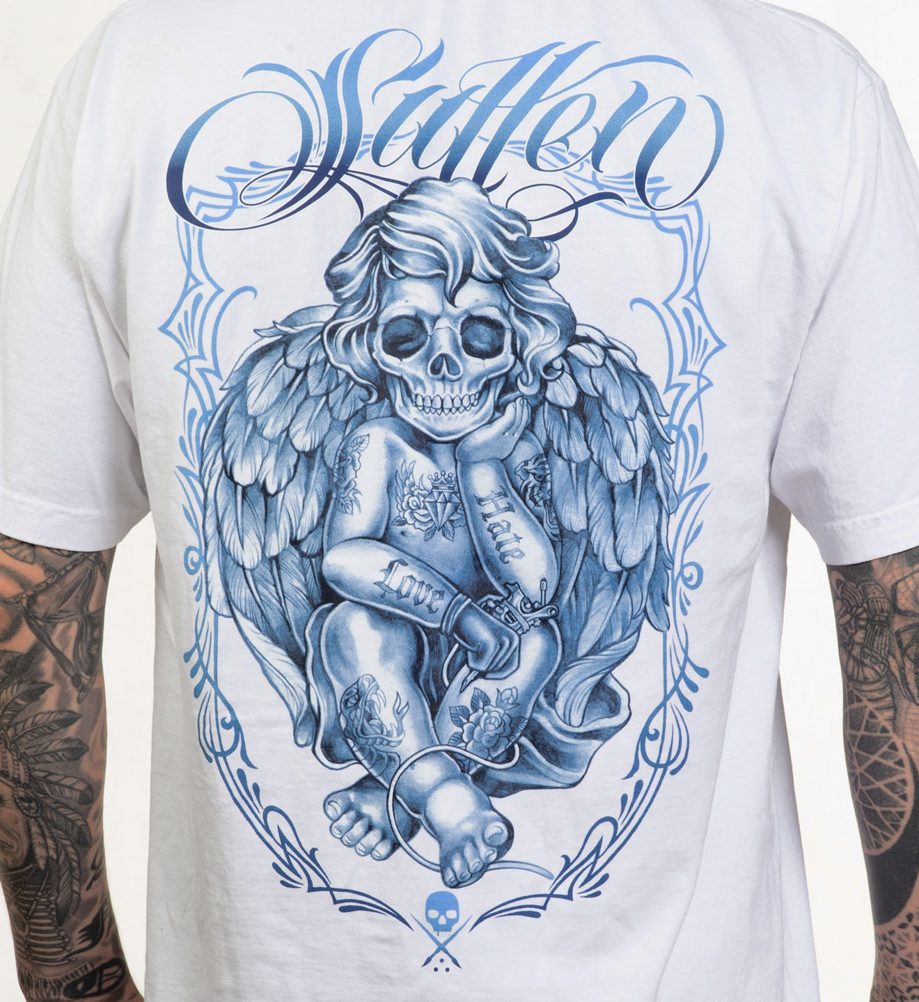 White t-shirt with blue angel skeleton design and 'Stiffen' text on a person wearing it.