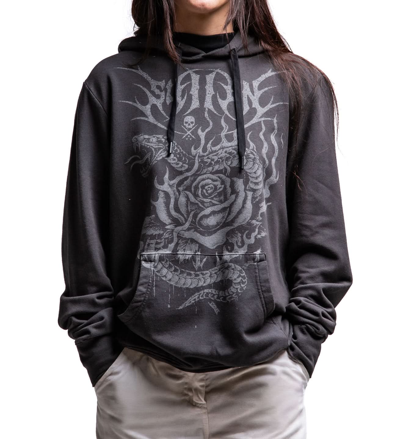 Person wearing a black hoodie with a white graphic design on a white background