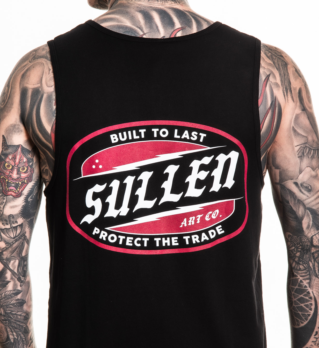Black tank top with Sullen logo on a person with tattoos