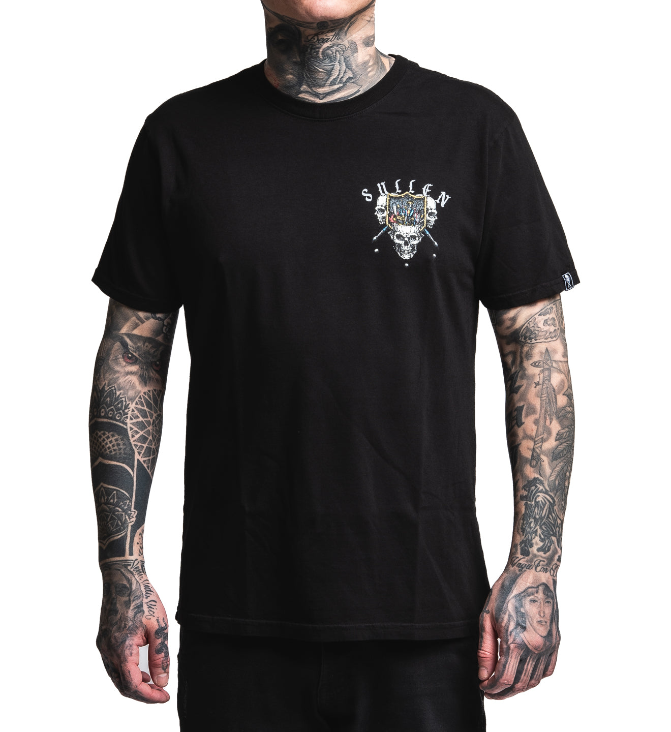 Black t-shirt with a logo on a white background