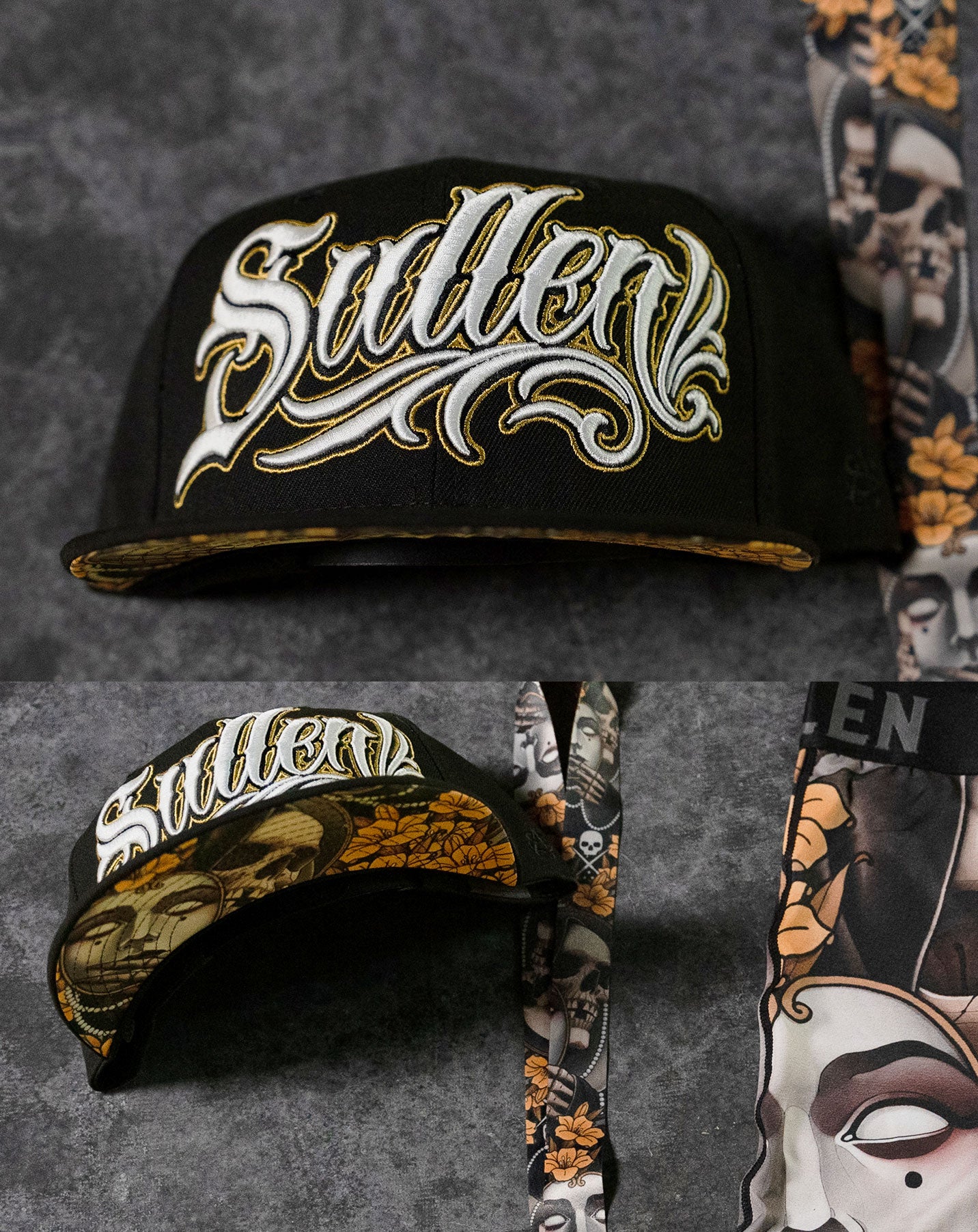 GOLD WHITE AND BLACK ART DRIVEN SNAPBACK WITH SULLEN PUFF EMBROIDERED LETTERING