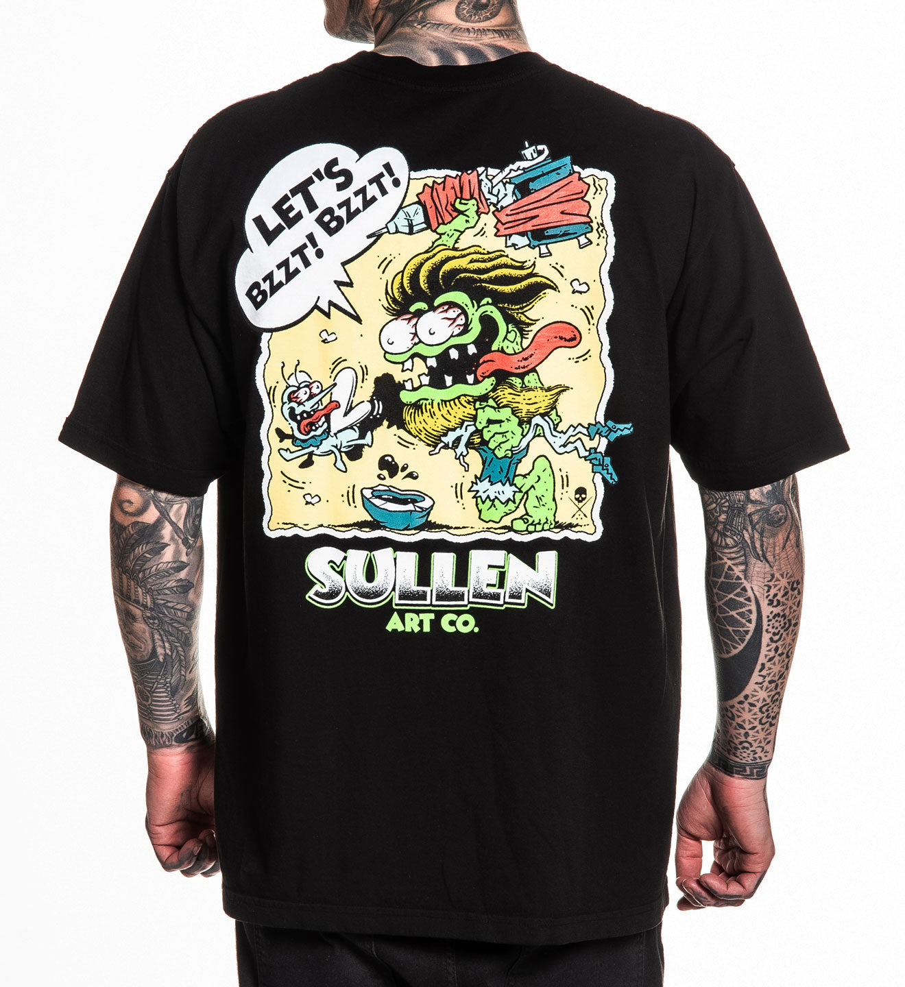 Black t-shirt with colorful graphic design and 'Sullen Art Co.' branding on a white background
