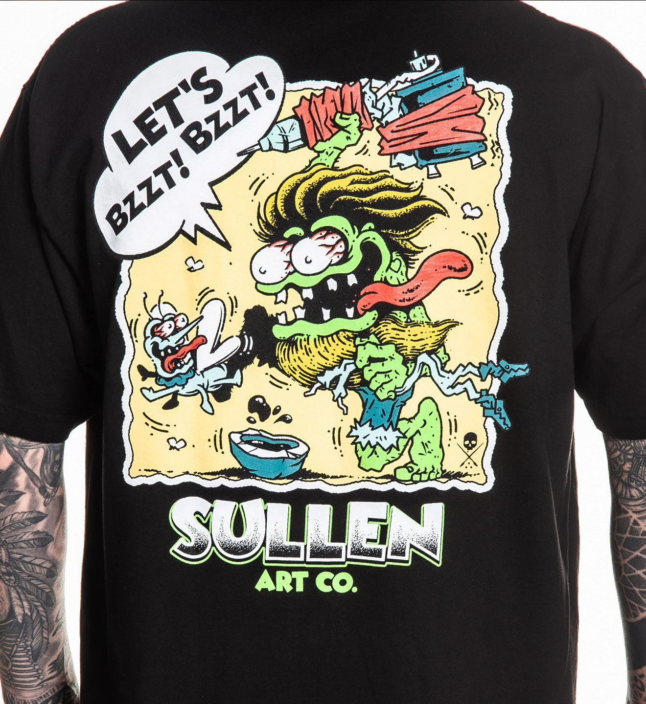 Black t-shirt with colorful graphic design and 'Sullen Art Co.' branding