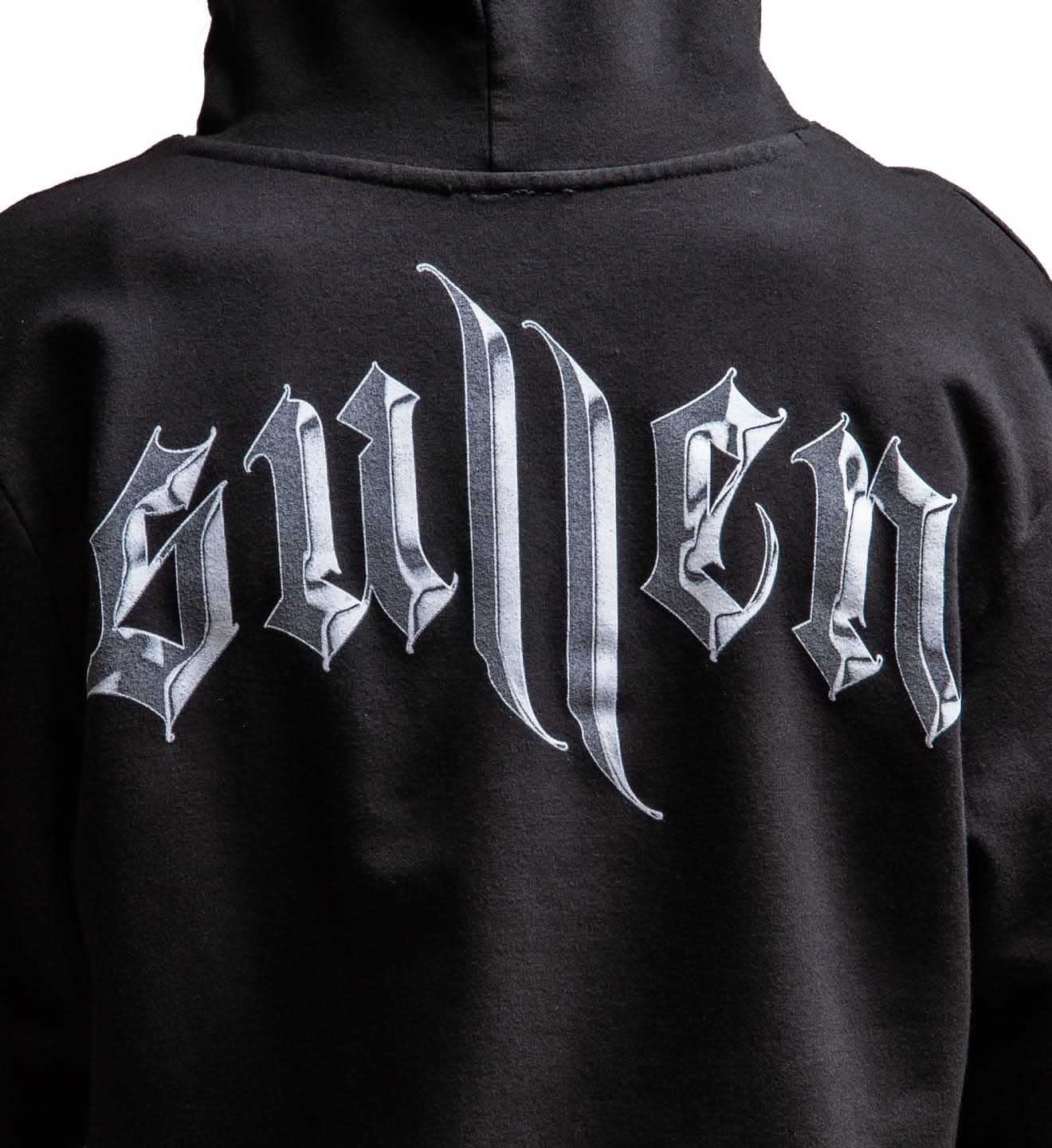 Black hoodie with 'Sullen' logo on the back against a white background