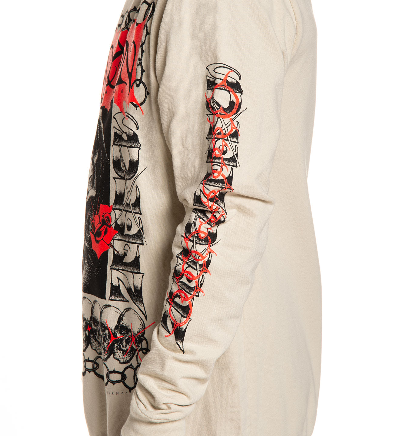 White hoodie with black and red graphic designs on sleeves against a white background