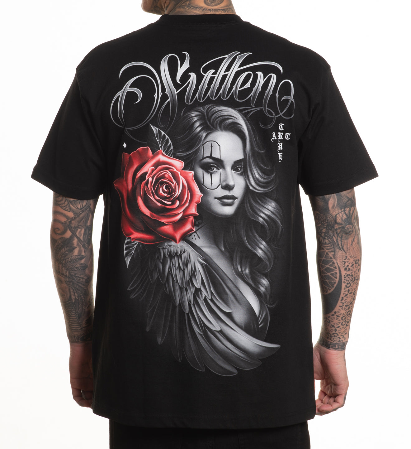 Black t-shirt with a graphic design of a woman's face, red rose, and text on the back.
