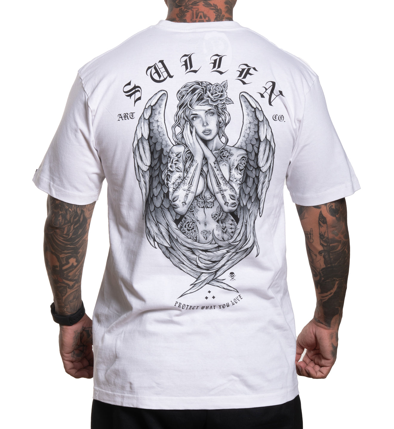 White t-shirt with an angel graphic and 'Sullen' branding on a white background