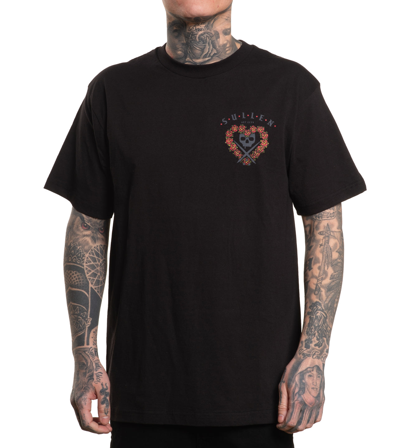 Black t-shirt with a heart-shaped logo on a white background