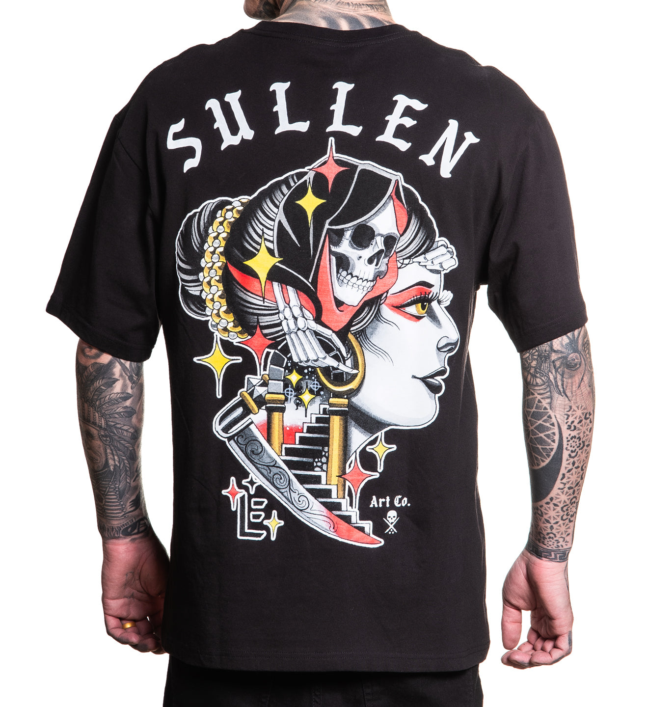 Black t-shirt with a graphic design and 'Sullen' branding on the back.