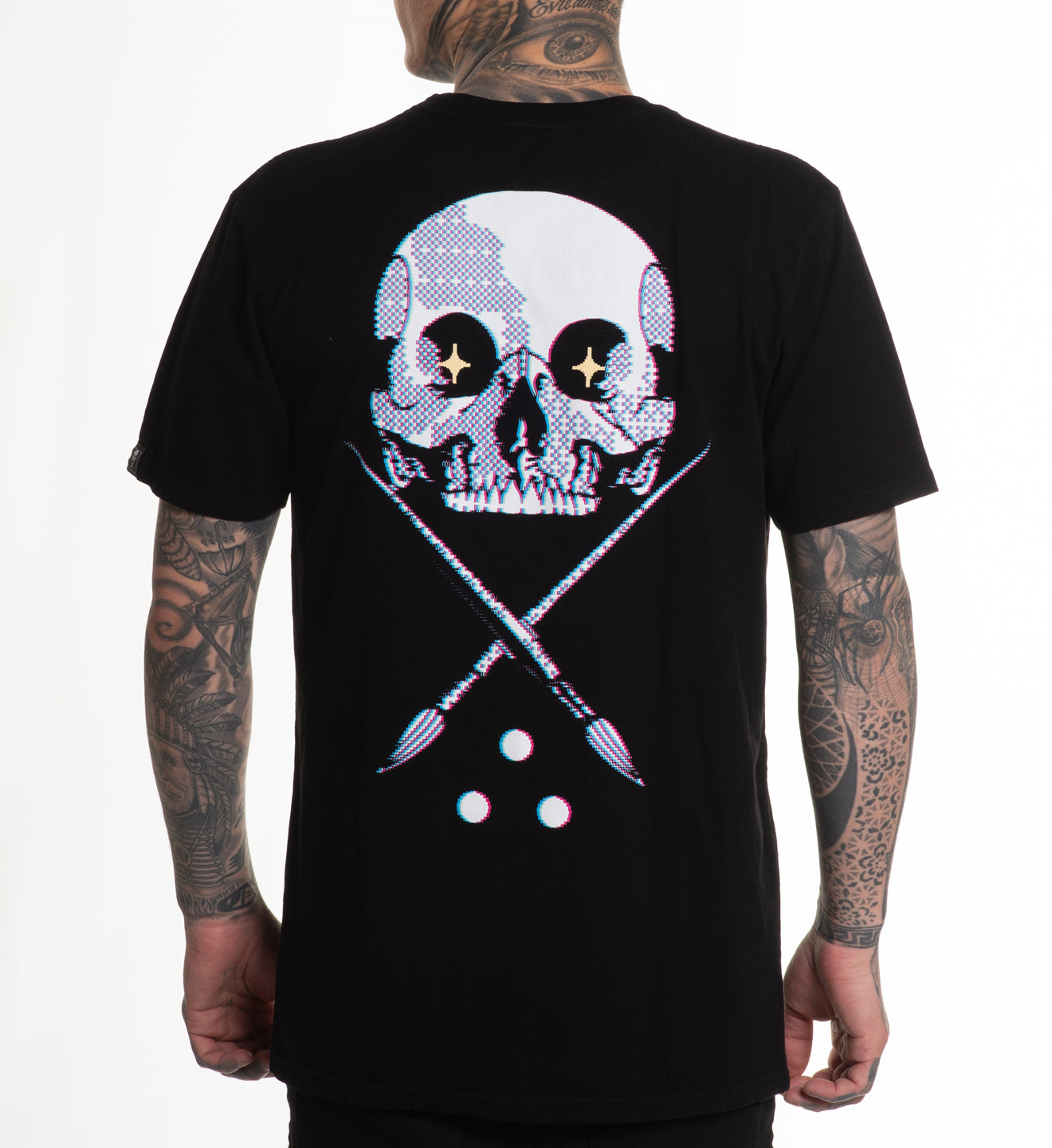 Black t-shirt with a skull and crossbones design on the back, worn by a person with tattoos.