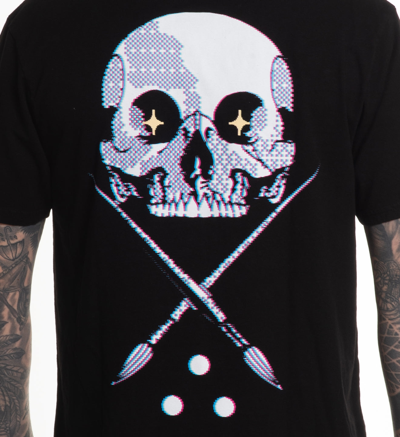 Black t-shirt with a graphic of a skull and crossed bones on a white background