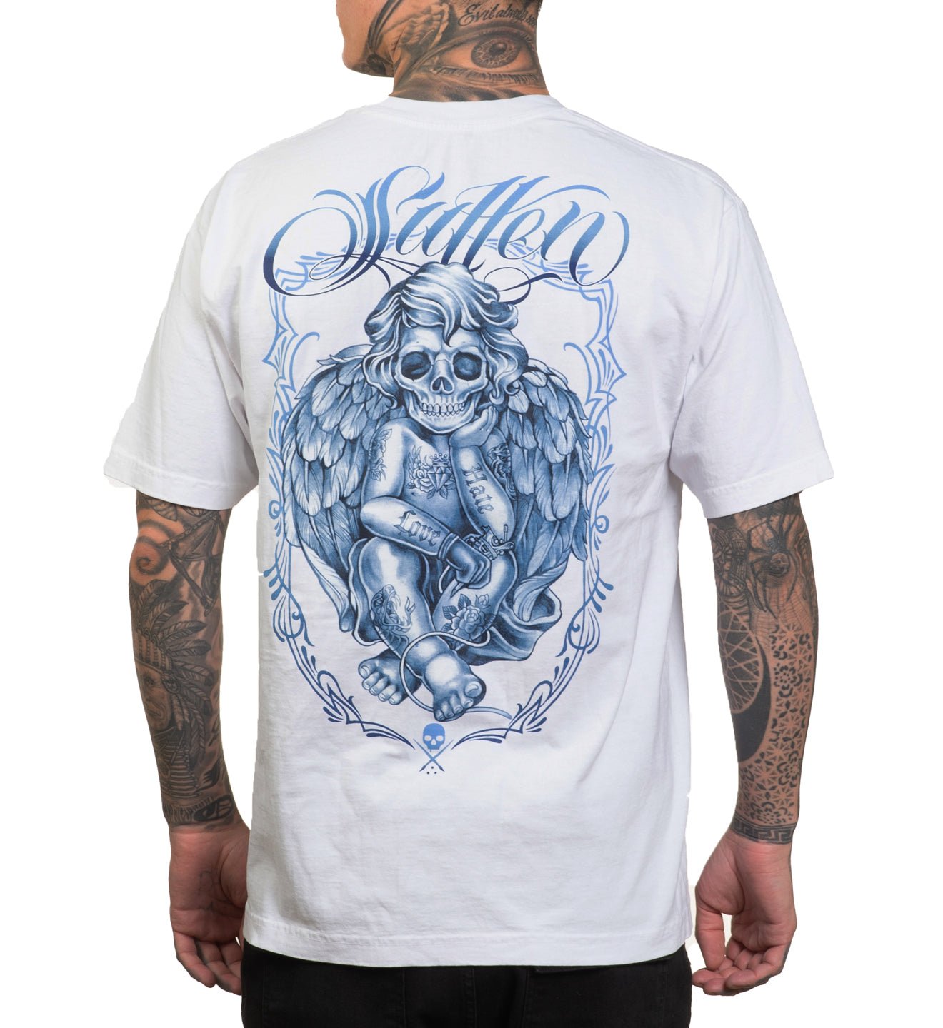 White t-shirt with blue angel and skull design on the back, worn by a person.
