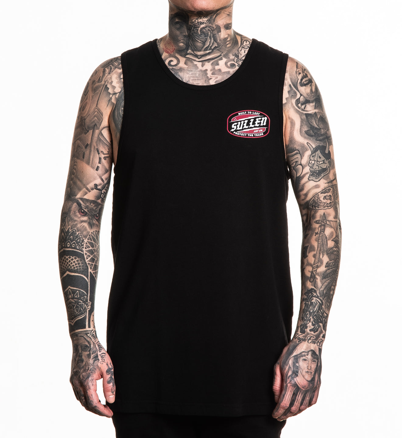 Person wearing a black tank top with a logo on a white background