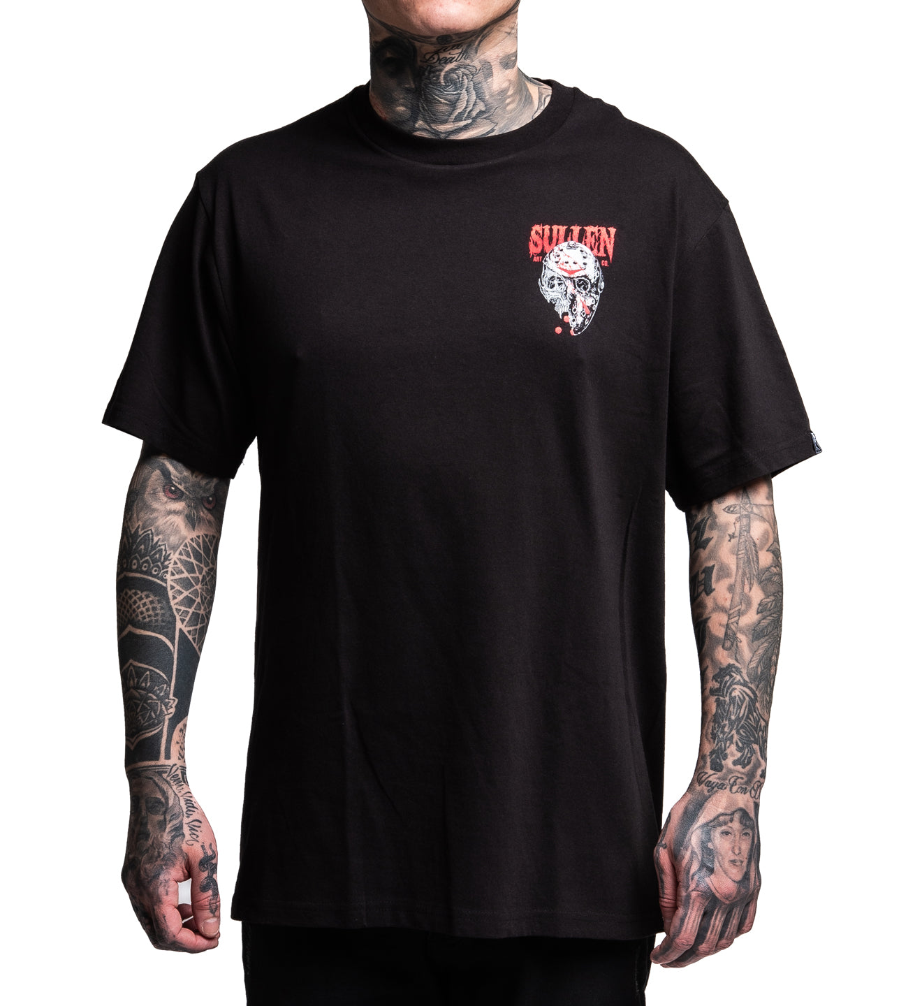 Person wearing a black t-shirt with a logo on a white background