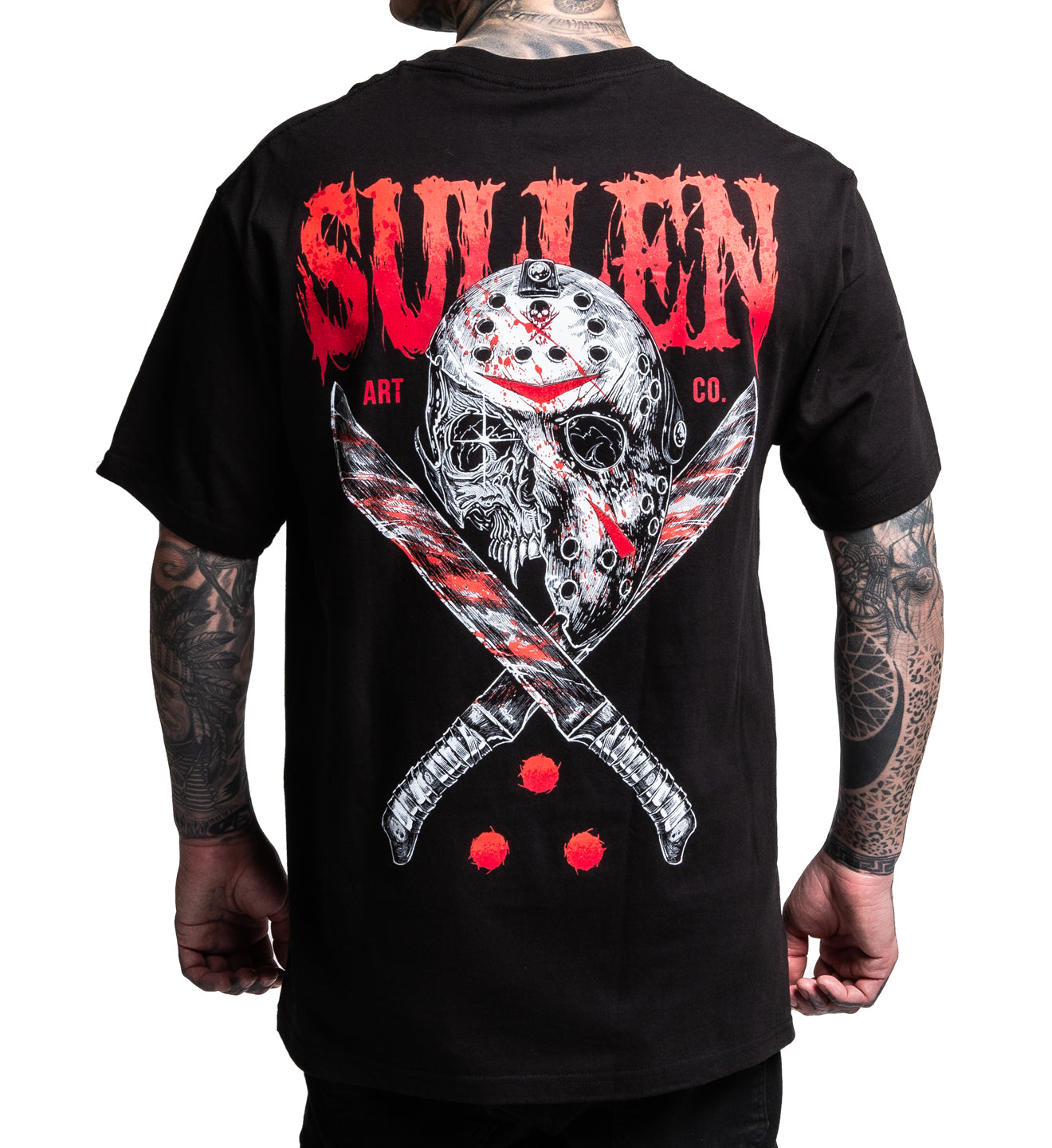 Black t-shirt with graphic design and 'Sullen' branding on a white background